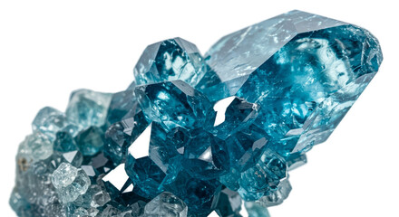Close Up Of Blue Aquamarine Crystal Cluster On Light Blue Background