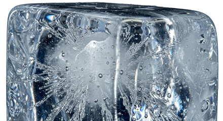 Close Up Of A Transparent Ice Cube With Air Bubbles And Frosty Texture