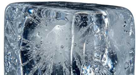Close Up Of A Transparent Ice Cube With Air Bubbles And Frosty Texture