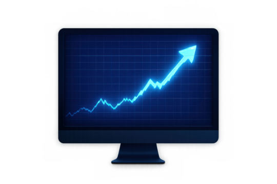 Blue finance graph displaying positive growth and stock market success on a computer monitor, transparent background