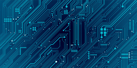 Circuit board wires in light blue on dark navy futuristic technology background. Artificial Intelligence banner concept. Abstract AI tech bg. Digital line pattern. Electronics Vector illustration.