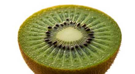Close Up Realistic Photo Of A Bright Green Kiwi Fruit Slice With Black Seeds