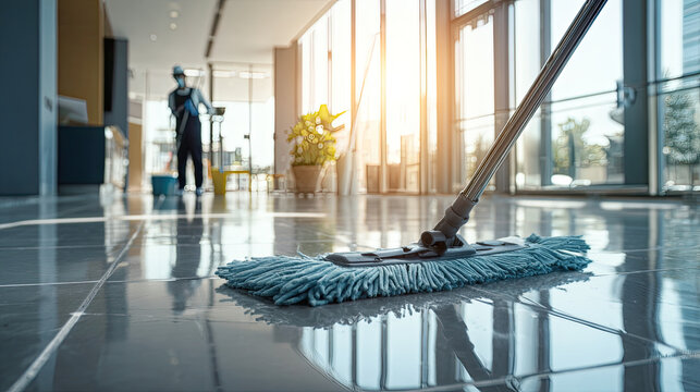 People clean the floor using lint free cloth concept. A clean floor being mopped in a modern office environment.