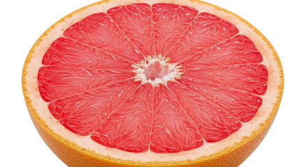 Close Up Realistic Photo Of A Juicy Pink Grapefruit Slice With Water Droplets