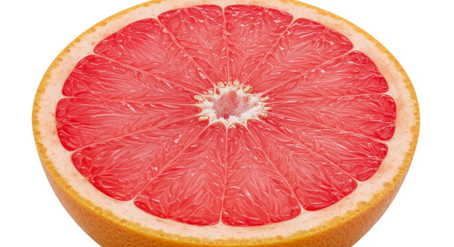 Close Up Realistic Photo Of A Juicy Pink Grapefruit Slice With Water Droplets