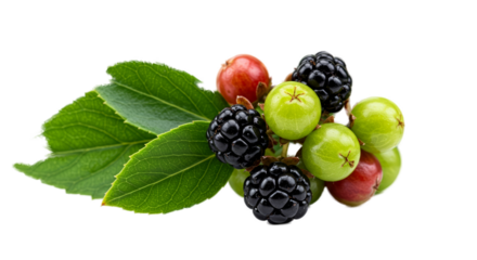 Close-up Realistic Photo of Fresh Blackberries and Gooseberries on Green Leaves with Soft Gradient Background
