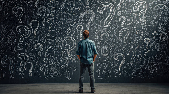 Man before blackboard with question marks and scribbles concept. A man contemplates life's questions against a chalkboard backdrop. - Powered by Adobe