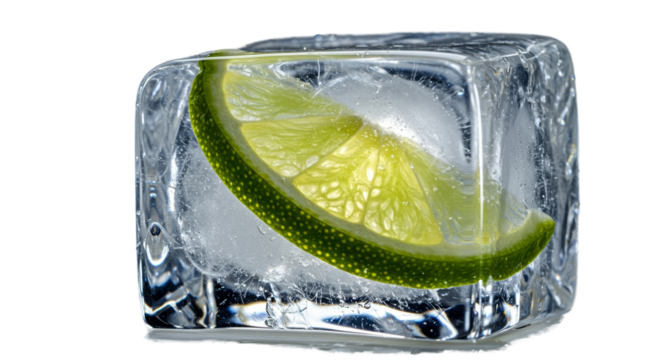 Close Up Realistic Photo of Lime Slice Frozen in Ice Cube With Bubbles