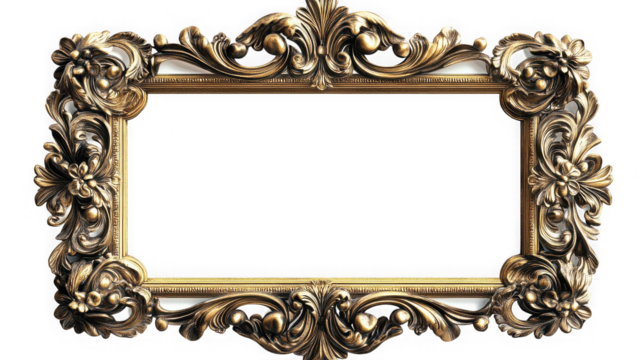 Ornate gold frame with floral details isolated on transparent background for artwork