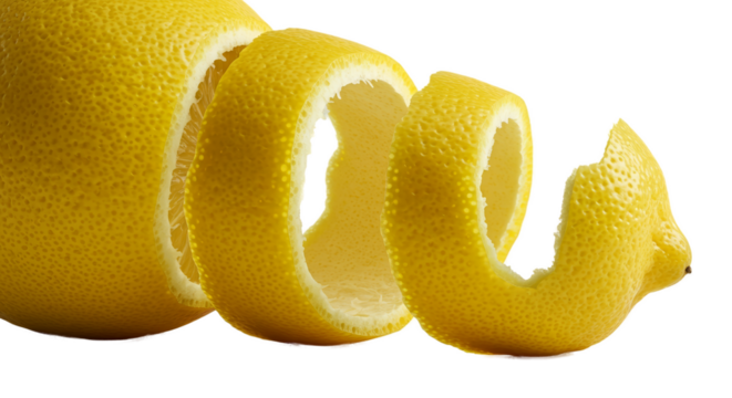 Close up Realistic Photo of Yellow Lemon Peel Spiral on Yellow Background