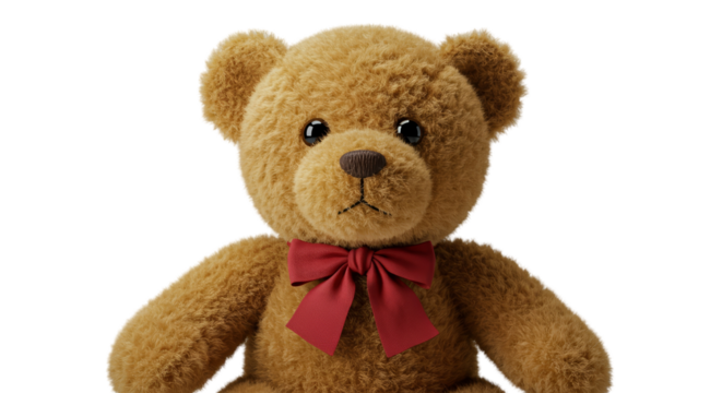 Close Up Realistic Teddy Bear With Red Bow Isolated