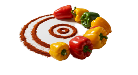 Colorful Bell Peppers Arranged In A Spiral With Paprika Powder