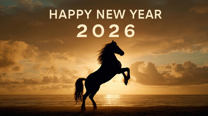 日の出と海を背景に馬のシルエットが描かれたおしゃれな年賀状素材