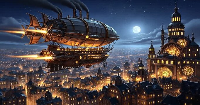 A majestic steampunk airship soars over a bustling cityscape under a full moon at night