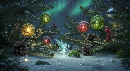 Ethereal glowing winter fairy standing amongst snowy evergreen branches and colorful Christmas ornaments under the Northern Lights.