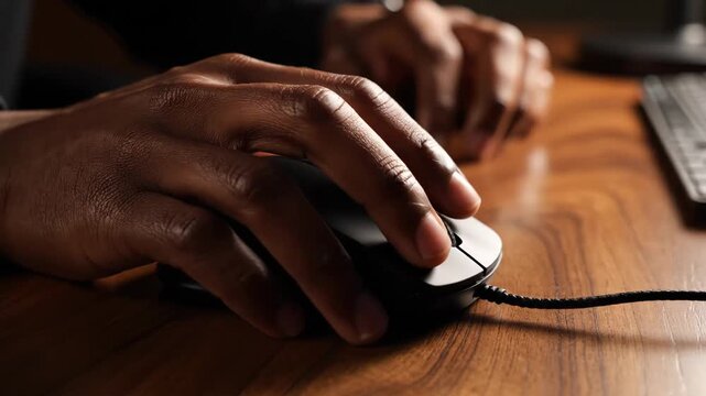 Hand Using a Wired Computer Mouse - A human hand rests on a black wired computer mouse, with fingers positioned naturally for clicking. The mouse is placed on a wooden desk surface.