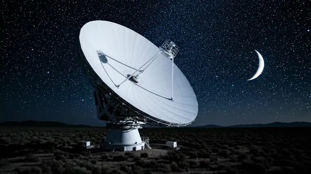 Celestial Sentinel: A large radio telescope, poised beneath a starlit canvas, silently scans the cosmos, its dish reflecting the cold light of the moon.