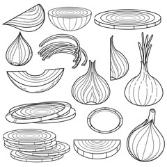 Onion Line Art Illustration Set. Whole, Half, Sliced, and Diced Onion Graphic Elements for Culinary and Kitchen Designs.