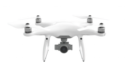 White drone isolated on transparent background, flying in the air, front view