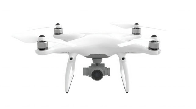 White drone isolated on transparent background, flying in the air, front view