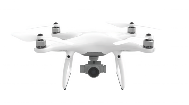 White drone isolated on transparent background, flying in the air, front view