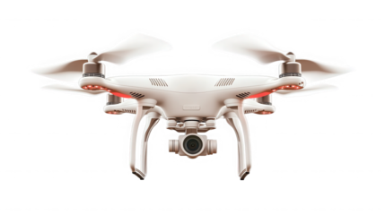 White drone isolated on transparent background, flying in the air, front view