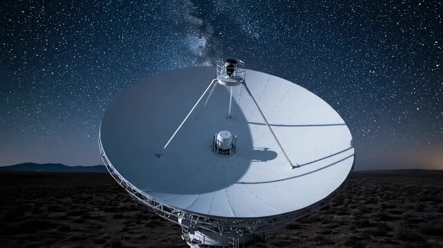 Cosmic Communication: A solitary satellite dish, illuminated against a canvas of stars, probes the vast expanse of the cosmos, hinting at the boundless mysteries that await us.