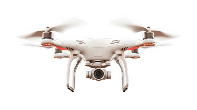 White drone isolated on transparent background, flying in the air, front view