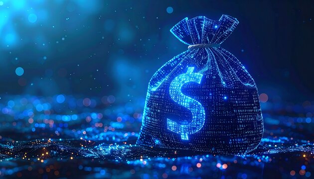 Digital money bag with dollar sign, glowing on blue surface - Powered by Adobe