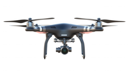 Black drone with camera isolated on transparent background for aerial photography