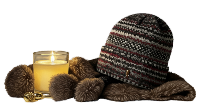 Cozy Knitted Hat With Candle and Pom Poms Warm Ambiance