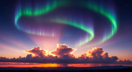 Spectacular Aurora Borealis Display Over Dramatic Sunset Clouds.