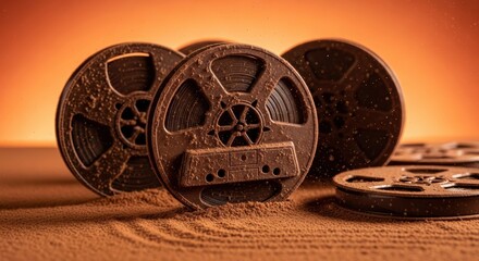 A set of vintage film reels covered in fine dust, lying on a textured surface with warm orange lighting. The image evokes nostalgia and the timeless charm of classic cinema and old film archives