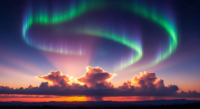Spectacular Aurora Borealis Display Over Dramatic Sunset Clouds. - Powered by Adobe