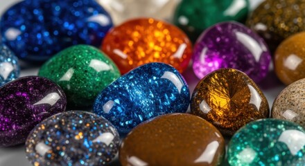 A vibrant close-up of polished gemstones in various colors&mdash;blue, orange, green, purple, and gold&mdash;glittering under soft light. Their glossy surfaces and sparkling textures create a dazzling visual effe