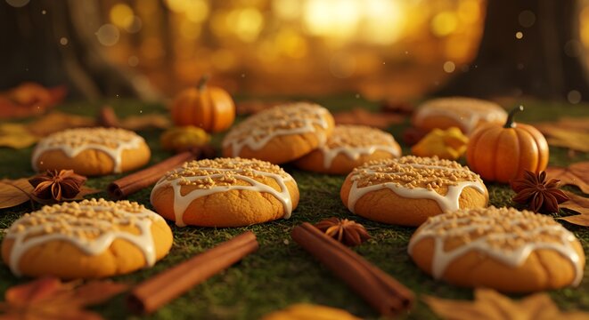 Festive pumpkin spice cookies decorated with icing and nuts, set on moss with autumn leaves and cinnamon. - Powered by Adobe