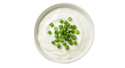 Creamy White Sour Cream Topped With Fresh Green Scallions Isolated On White