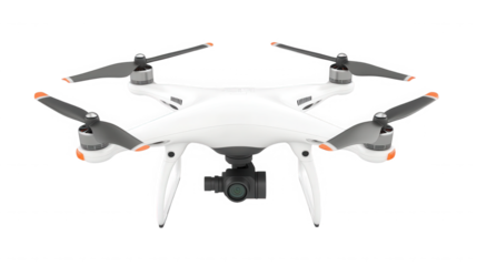 White drone isolated on transparent background, front view, studio shot, nobody