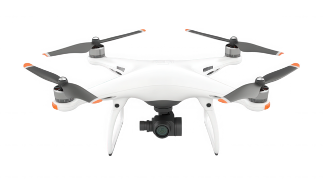 White drone isolated on transparent background, front view, studio shot, nobody