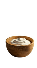 Creamy White Yogurt In Cork Bowl Isolated On Brown Background