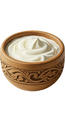 Creamy White Yogurt In Rustic Carved Wooden Bowl Neutral Background Realistic Photo