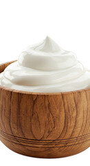 Creamy White Yogurt Swirl in Wooden Bowl Realistic Photo Isolated