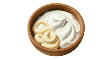 Creamy White Yogurt and Yellow Mayonnaise Swirls in Wooden Bowl Top View