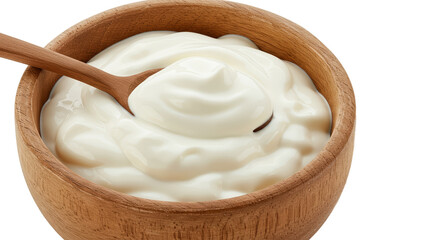 Creamy White Yogurt In A Wooden Bowl With A Spoon Realistic Photo