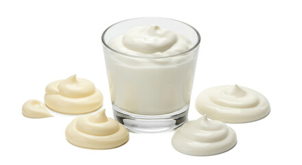Creamy White Yogurt Swirls in Glass and Beside on Clean Background