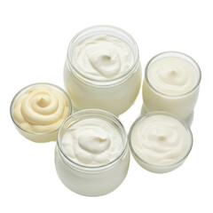 Creamy Yogurt And Cream In Glass Jars Soft Light Isolated