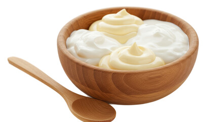 Creamy Yogurt and Mayonnaise Swirls in Wooden Bowl With Spoon