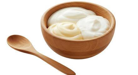 Creamy Yogurt and Mayonnaise Swirls in Wooden Bowl with Spoon