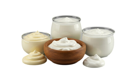 Creamy Yogurt And Vanilla Cream In Glass Jars And Wooden Bowl Isolated