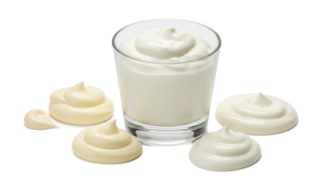 Creamy White Yogurt Swirls in Glass and Beside on Clean Background